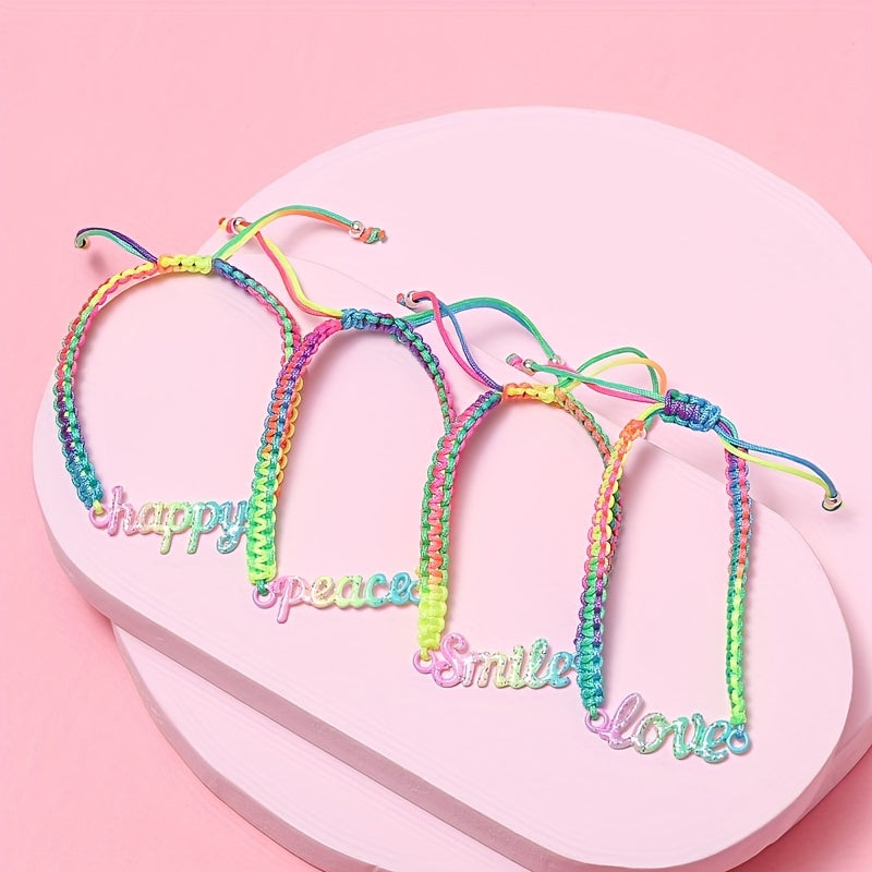 4pcs Girls Colorful Braided Rainbow Bracelet Set Adjustable Holiday Gift