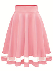 Mesh Splicing Skater Skirts High Waist A Line Solid Skirts
