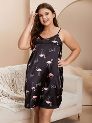 Flamingo Print Satin Cami Dress & Belted Robe Set
