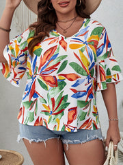 Vacay Blouse Women's Plus Leaf Print V Neck Beachwear Blouse
