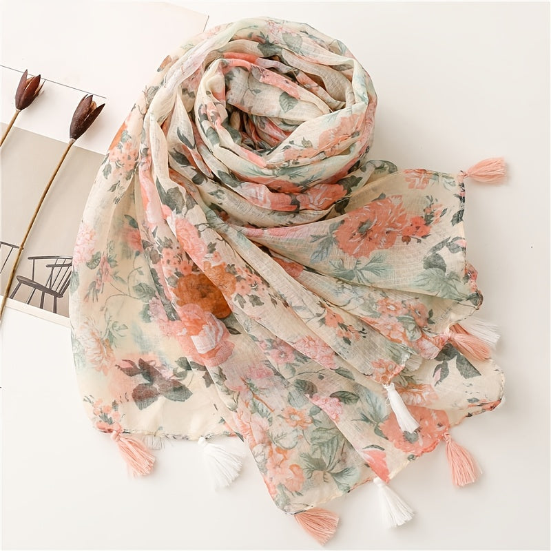Women's Linen Pink Floral Print Fringe Scarf
