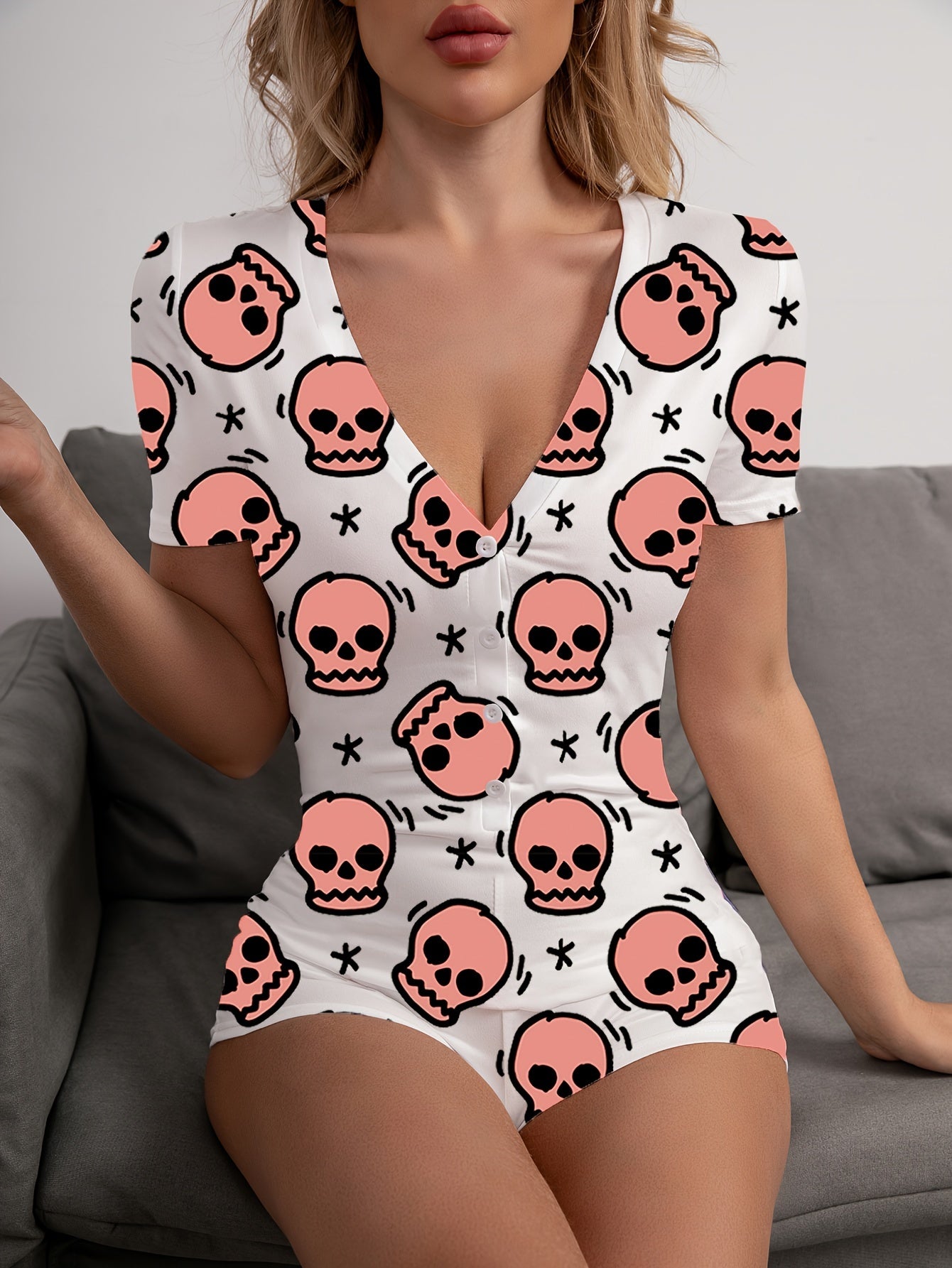 Skull Print Buttons Pajama Romper Short Sleeve V Neck Pajamas