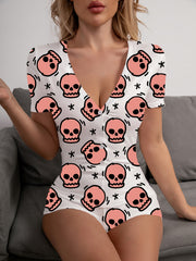 Skull Print Buttons Pajama Romper Short Sleeve V Neck Pajamas