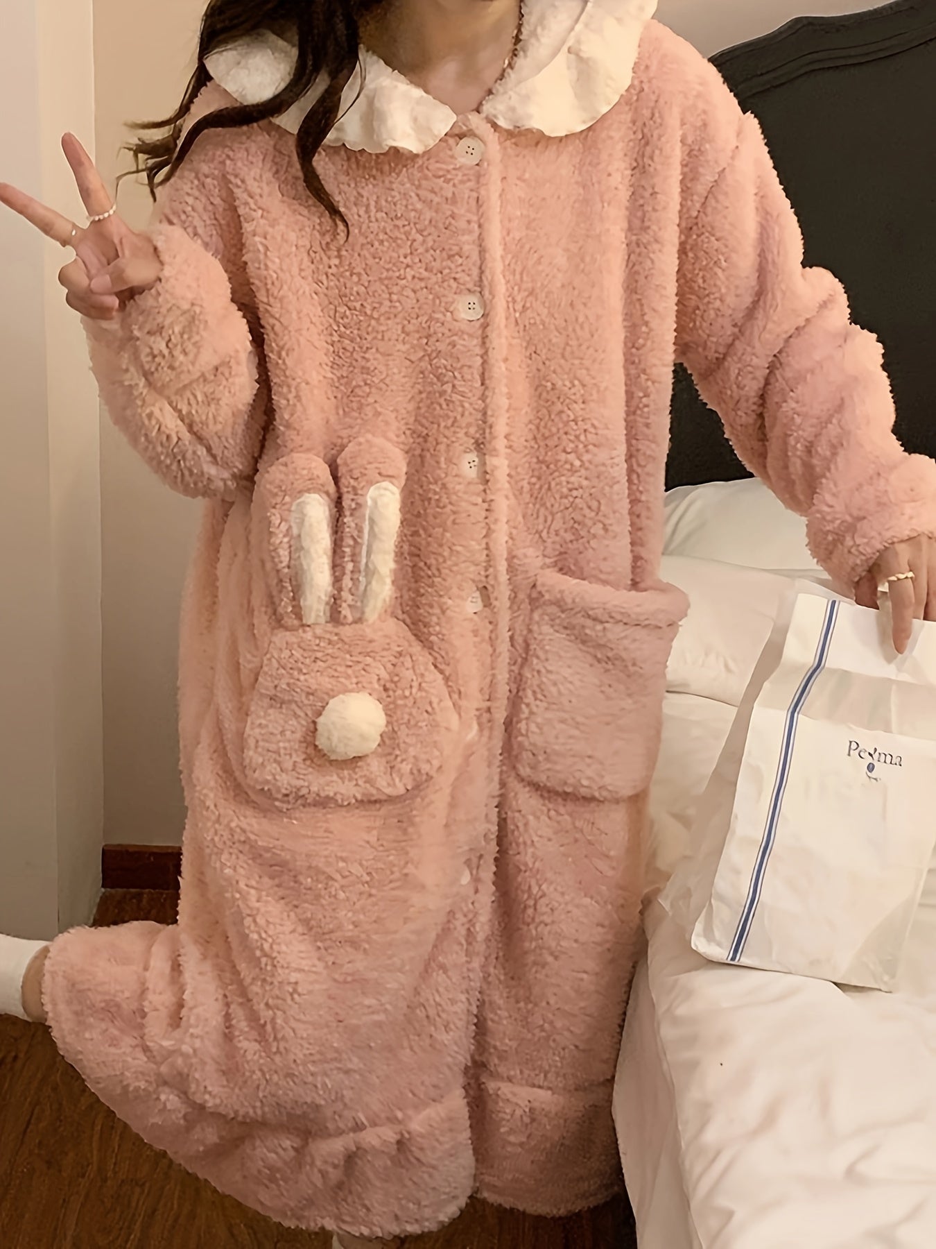 Bunny Fuzzy Night Robe Long Sleeve Ruffle Robe With Pockets