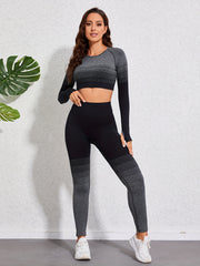 2Pcs Seamless Sports Set Long Sleeves Round Neck Tee & High Waist Yoga Leggings