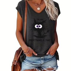 Cat Print V Neck Tank Top Cap Sleeve