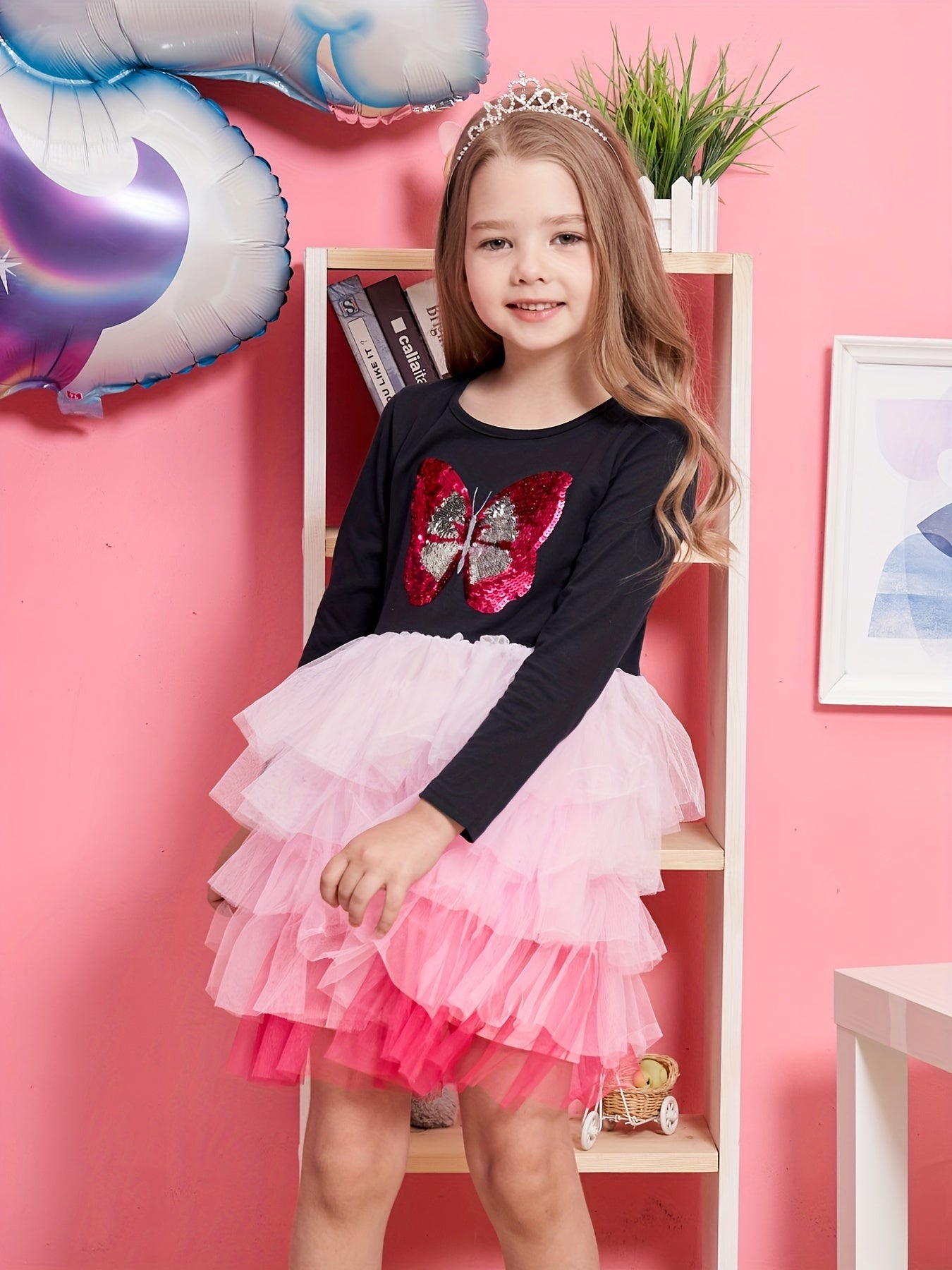 Girls Butterfly Embroidered Long Sleeve Tutu Dress Party Outfit