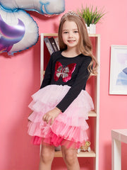 Girls Butterfly Embroidered Long Sleeve Tutu Dress Party Outfit