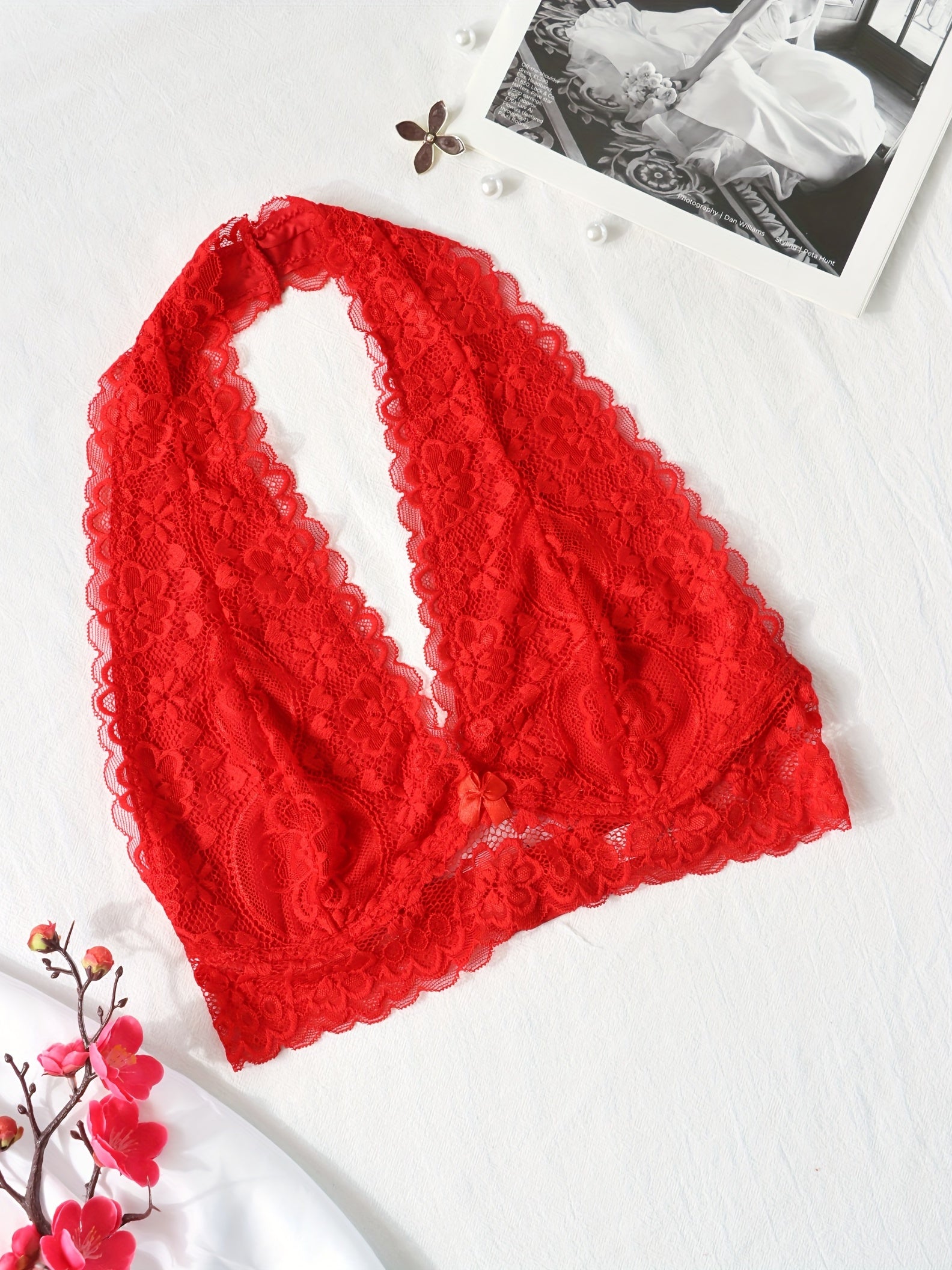 Floral Lace Halter Bralette Wireless Lingerie with Removable Padded Crop Top