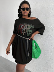 Rhinestone Slogan Print Short Sleeve Tee Dress