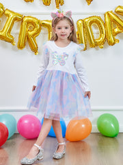 Girls' Mermaid Print Cotton Long Sleeve Tutu Dress Birthday Party Mesh Dress