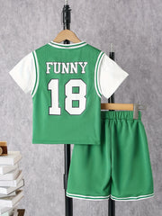Boys Numbers & Letter Graphic Block T Shirt Top & Shorts Set