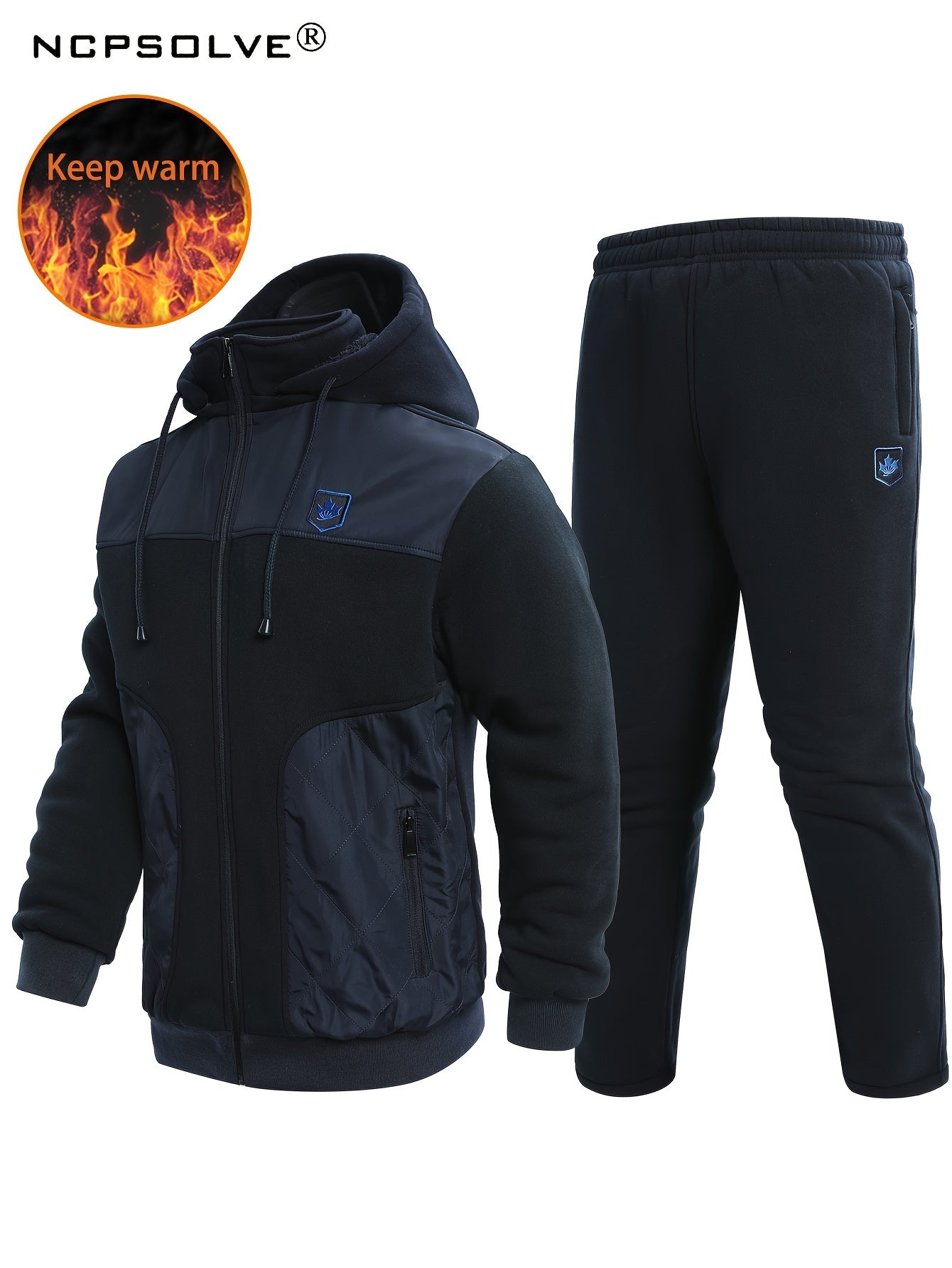 Men's 2 Pcs Zip Warm Hooded Jacket & Thermal Pants for Winter