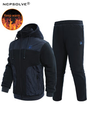 Men's 2 Pcs Zip Warm Hooded Jacket & Thermal Pants for Winter