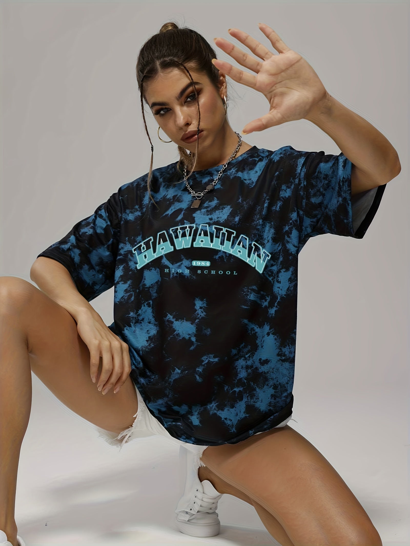 Women's Tie Dye Letter Graphic Tee Casual Loose Sports Crew Neck T shirt
