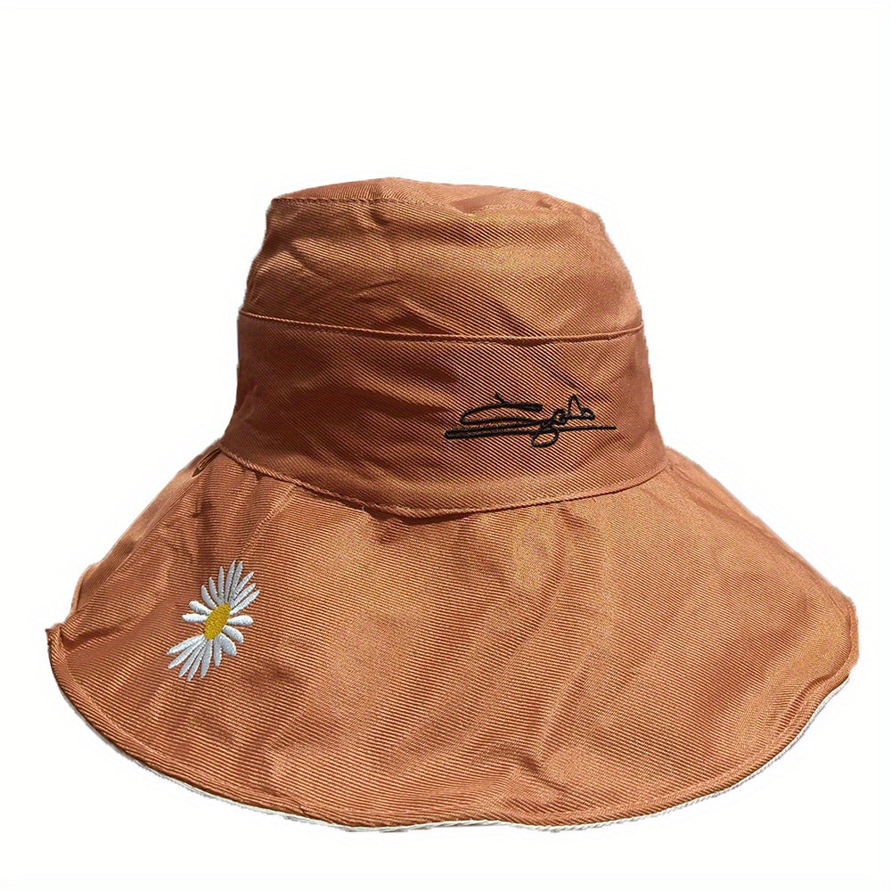 Daisy Flower Embroidery Bucket Hat Wide Brim Reversible Fisherman Cap