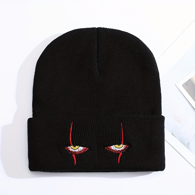 Horror Clown Eyes Cartoon Embroidery Knitted Hat with Woolen Cover