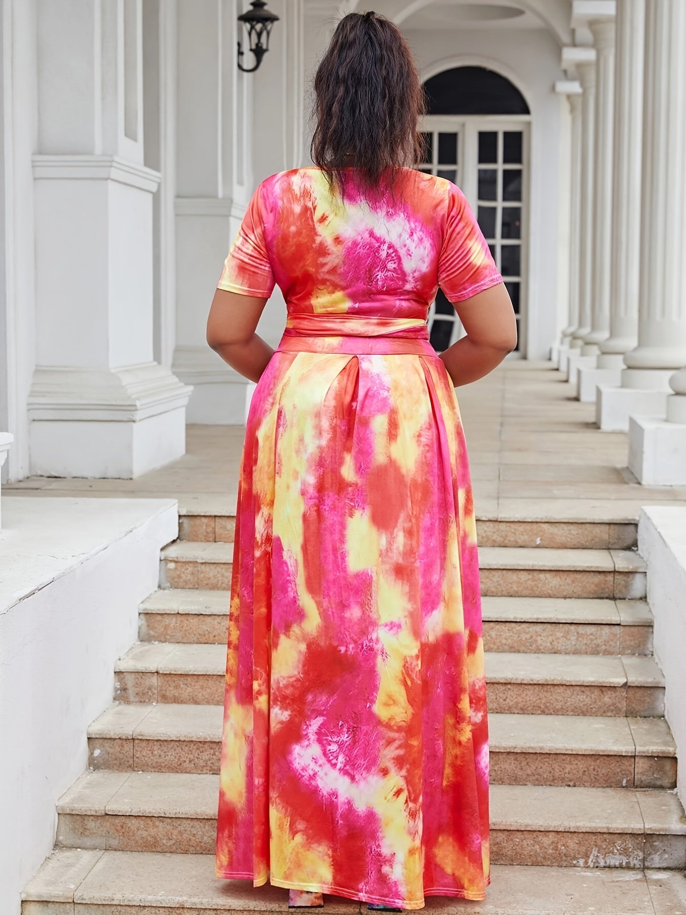 Tie Dye Print Short Sleeve Crop Top & Maxi Skirt Set Plus Size