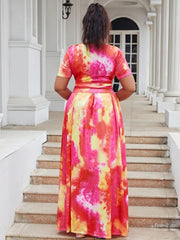 Tie Dye Print Short Sleeve Crop Top & Maxi Skirt Set Plus Size