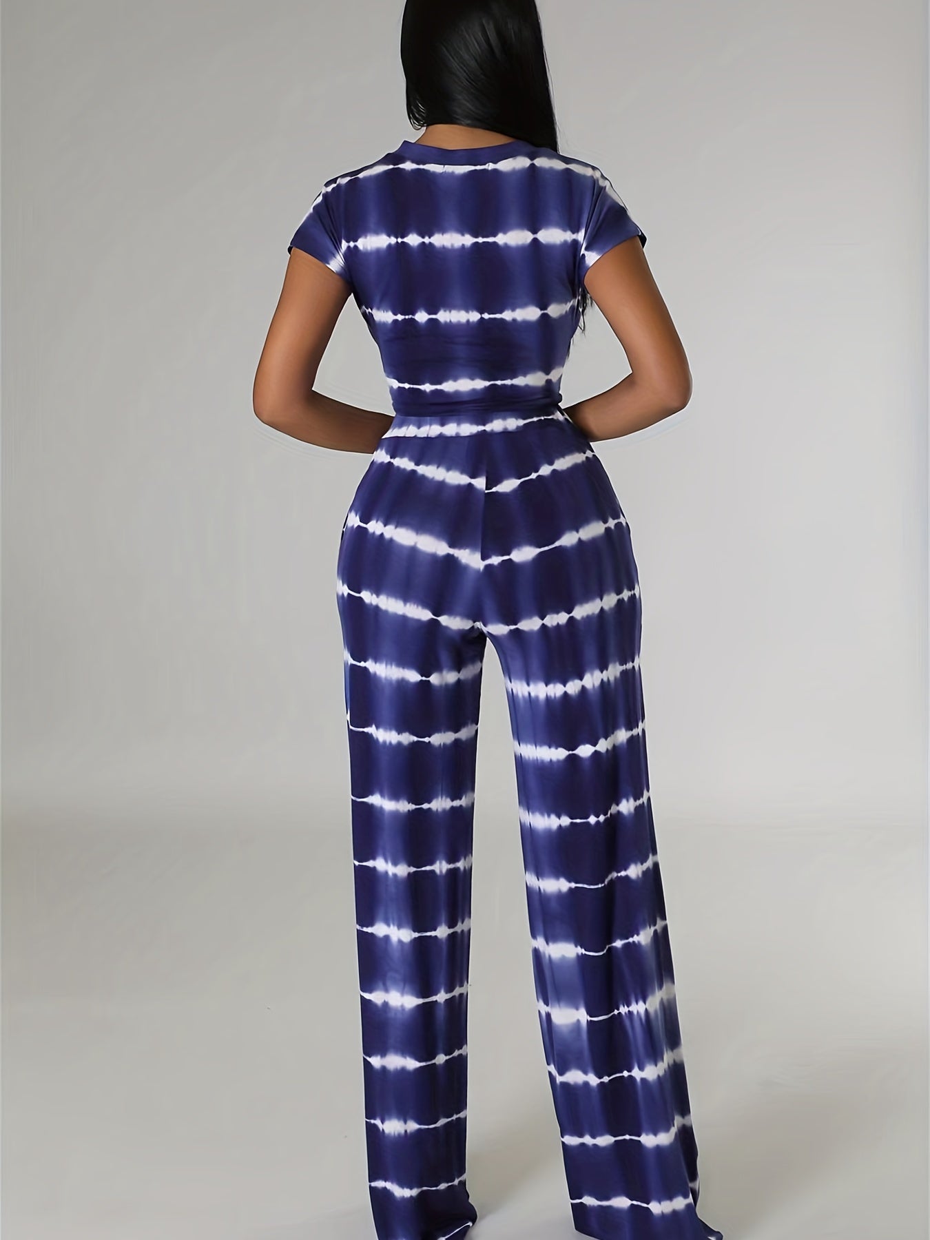 Striped Print Casual Two piece Set Knotted Short Sleeve Tee & High Waist Pants