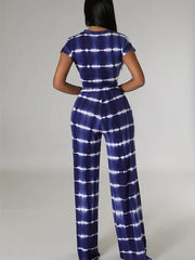 Striped Print Casual Two piece Set Knotted Short Sleeve Tee & High Waist Pants