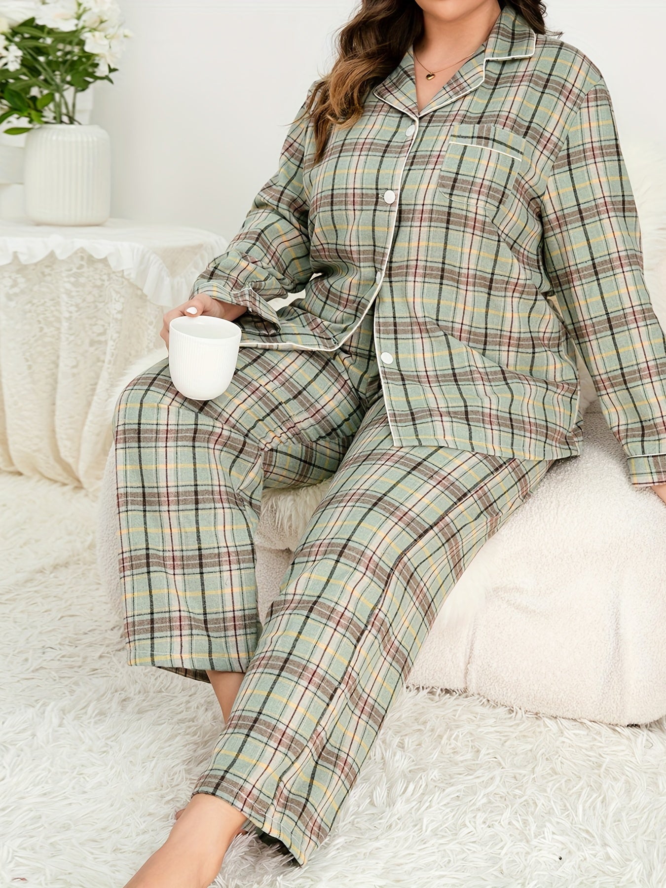 Plaid Pajama Set Women's Button Up Shirt & Pants