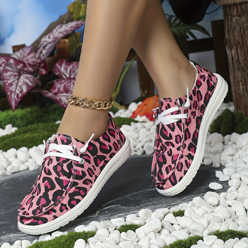 Pink Leopard Canvas Shoes Low Top Flat Casual Sneakers