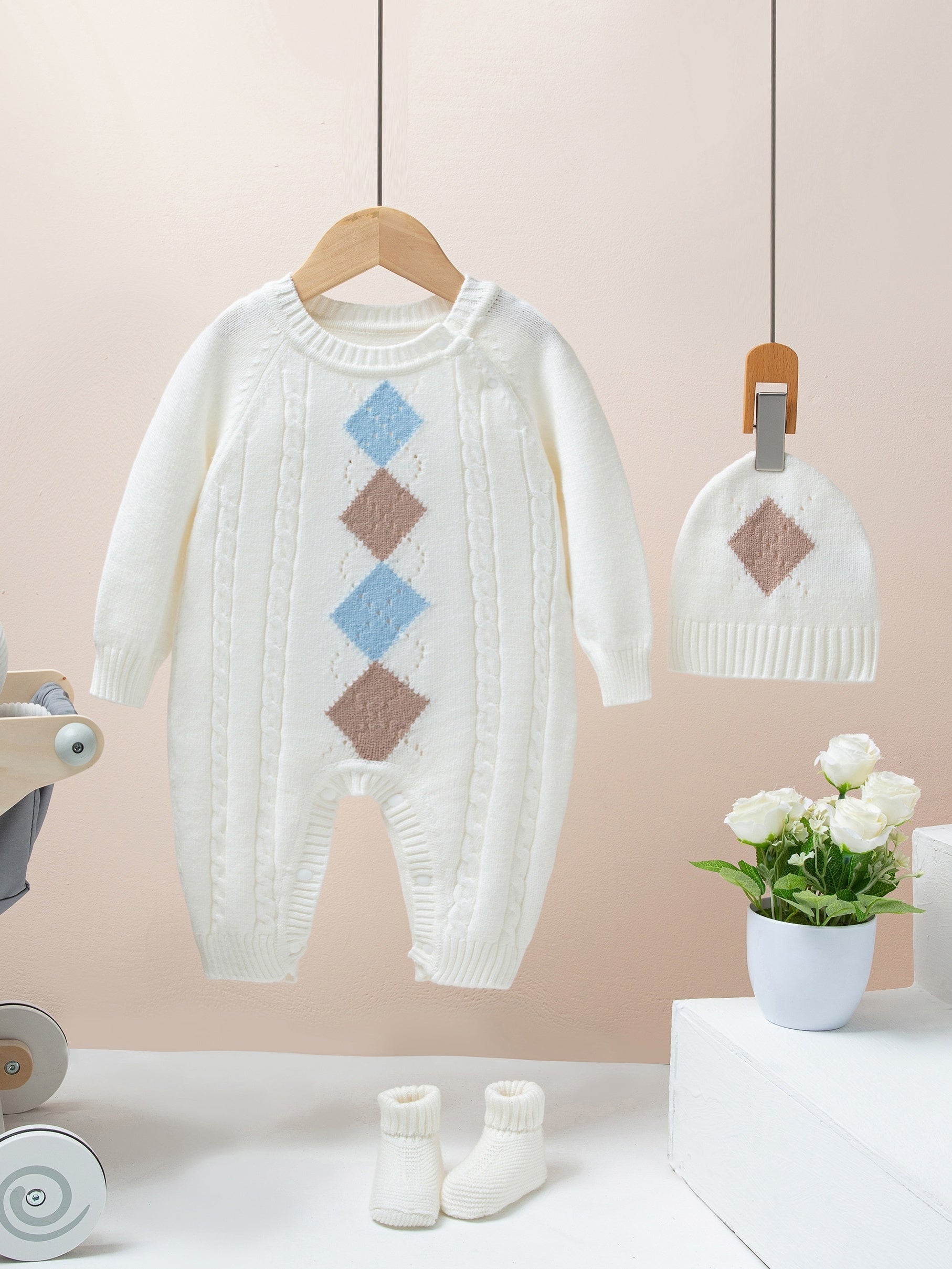 Baby Boys Knit Rhombus Sweater Romper & Hat