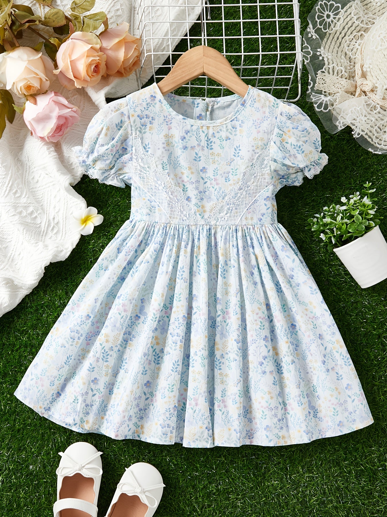 Toddler Girls Puff Sleeve Lace Frill Trim Flowers Graphic Princess Dress