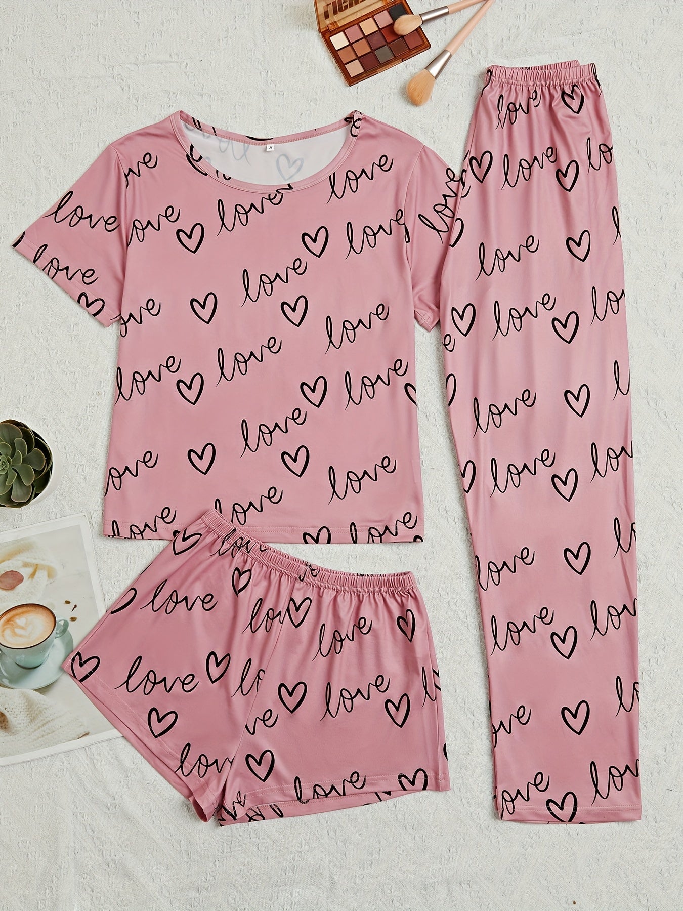 Heart Print Pajama Set Short Sleeve Crew Neck Top & Elastic Waistband Shorts