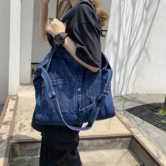 Vintage Denim Tote Bag Crossbody Handbag for School Work Travel
