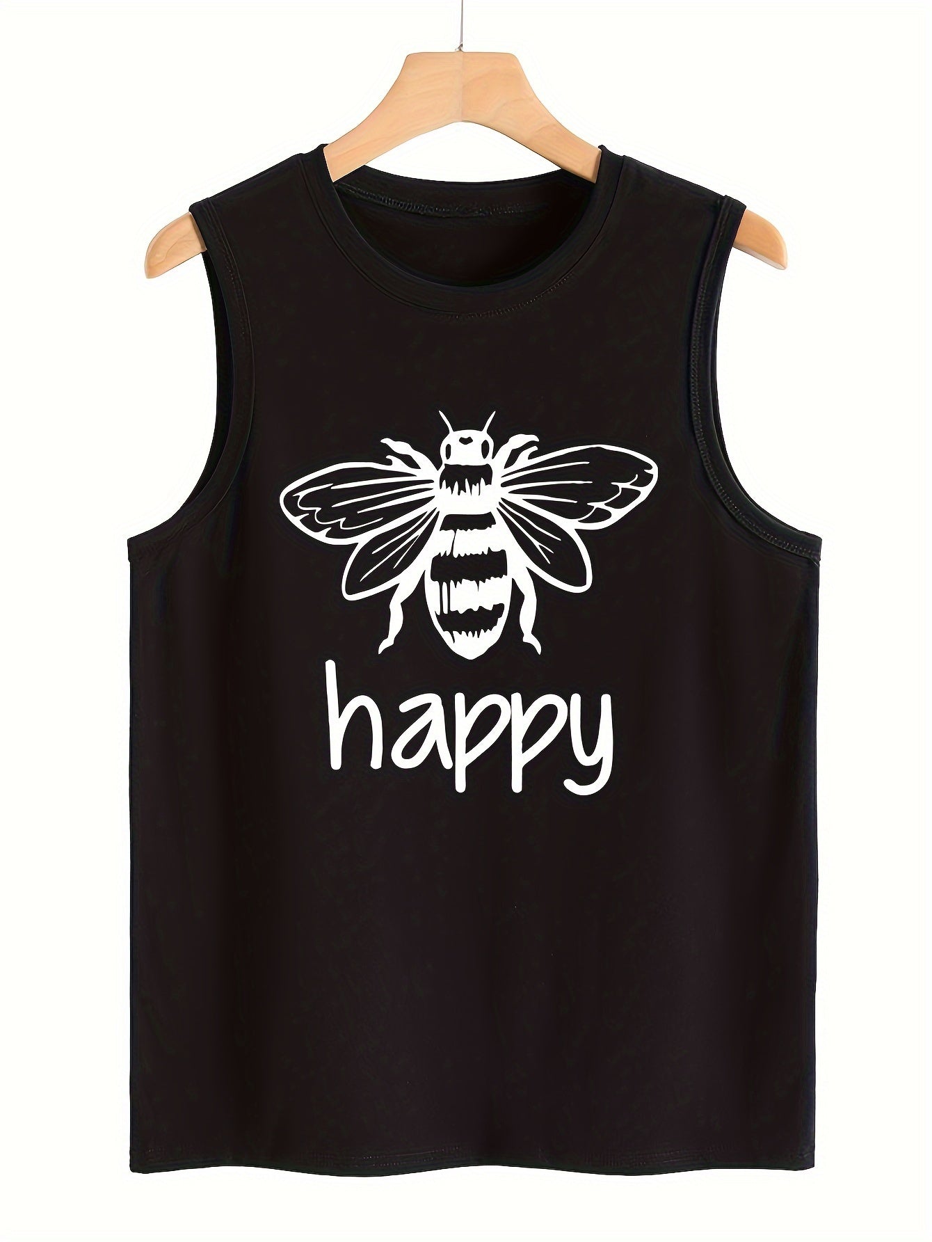 Bee & Letter Print Sleeveless Sports Vest Round Neck Casual Tops