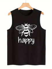 Bee & Letter Print Sleeveless Sports Vest Round Neck Casual Tops