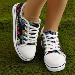Women's Graffiti Printed Canvas Shoes Lace Up Low Round Toe Flat Comfy Shoes