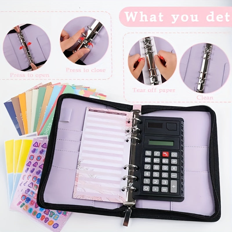 A5 Portable Zipper Bag Journal Book with Cash Savings Loose-leaf Clip