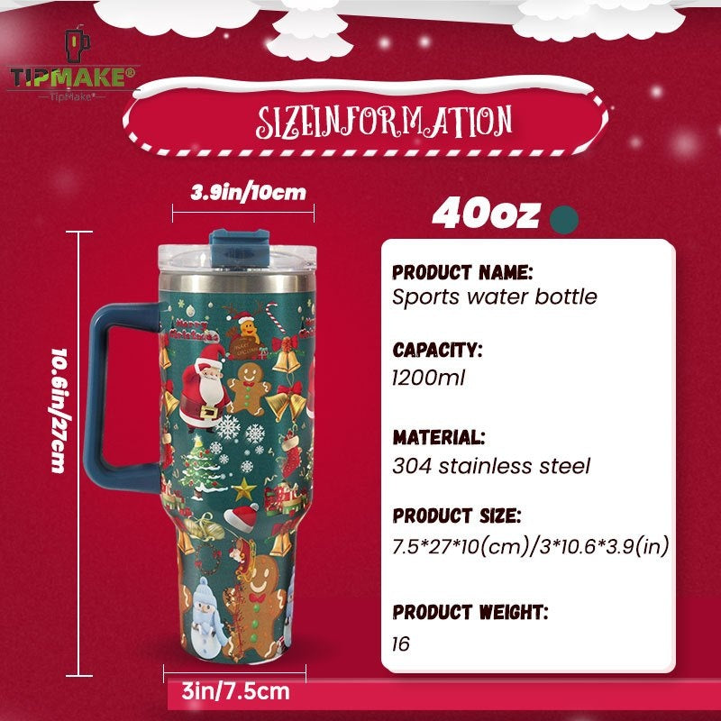 40oz Christmas Pattern Water Bottle Portable Insulated Cup