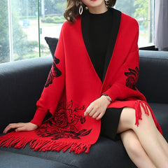 Cashmere Jacquard Scarf Tassel Reversible Shawl Vintage Warm Wrap Women's Cloak