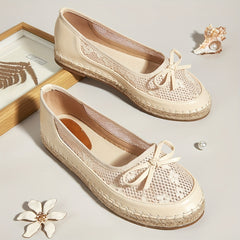 Floral Mesh Espadrille Flats with Bow Detail - Slip On Casual Outdoor Shoes