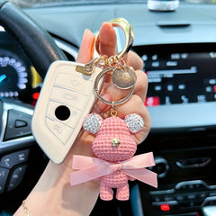 Artificial Diamond Key Chain with Rhinestone Woolen Bear Inlay