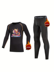 2pcs Kids Compression Fleece Sets Dragon Pattern Crew Neck Pullover and Pants