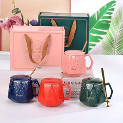 Ramadan Gift: 13oz Ceramic Cup With Spoon, Star & Moon Pattern