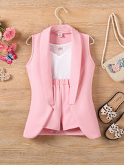 3pcs Toddler Girls Shawl Collar Vest & Shorts & Cami Top Set Summer Clothes