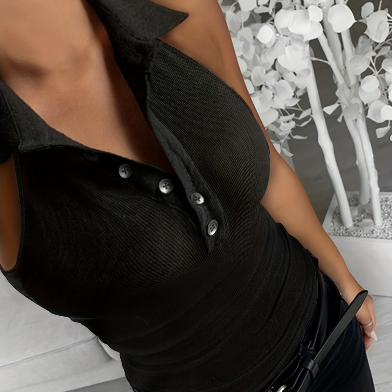 Polo Collar Tank Top Button Front Sleeveless Summer Women's Clothing