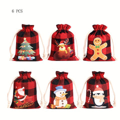6pcs Christmas Plaid Cotton Drawstring Gift Bag for Candy Packaging