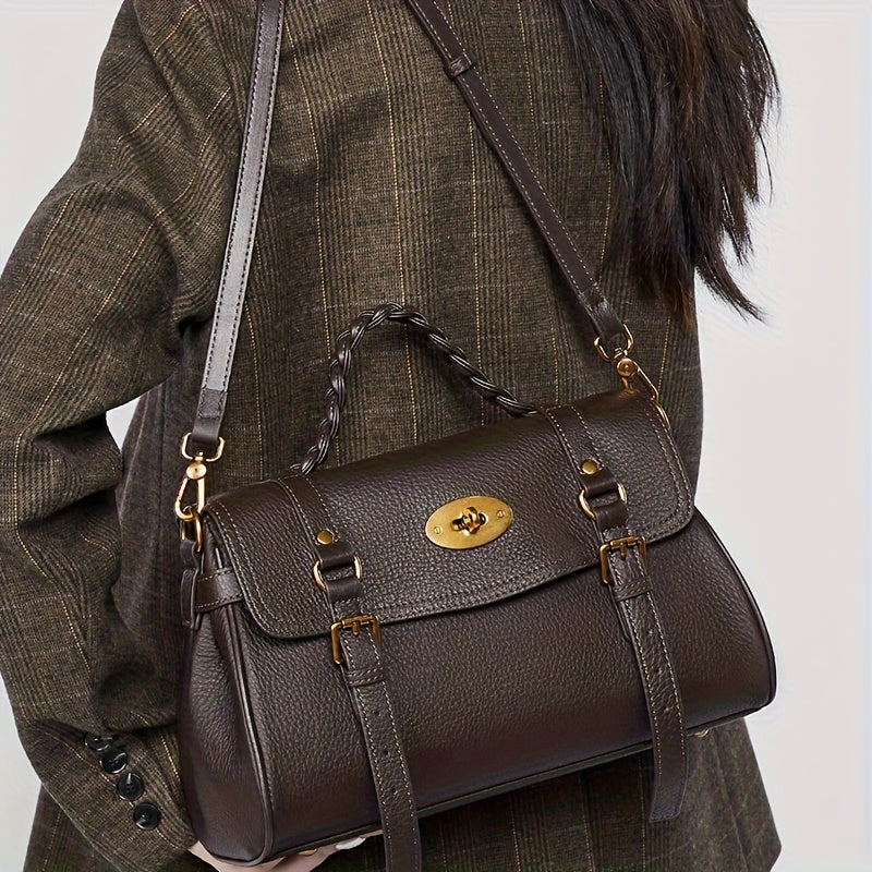 Cowhide Leather Handbag w/ Adjustable Strap & Buckle Closure Khaki C