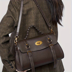 Cowhide Leather Handbag w/ Adjustable Strap & Buckle Closure Khaki C
