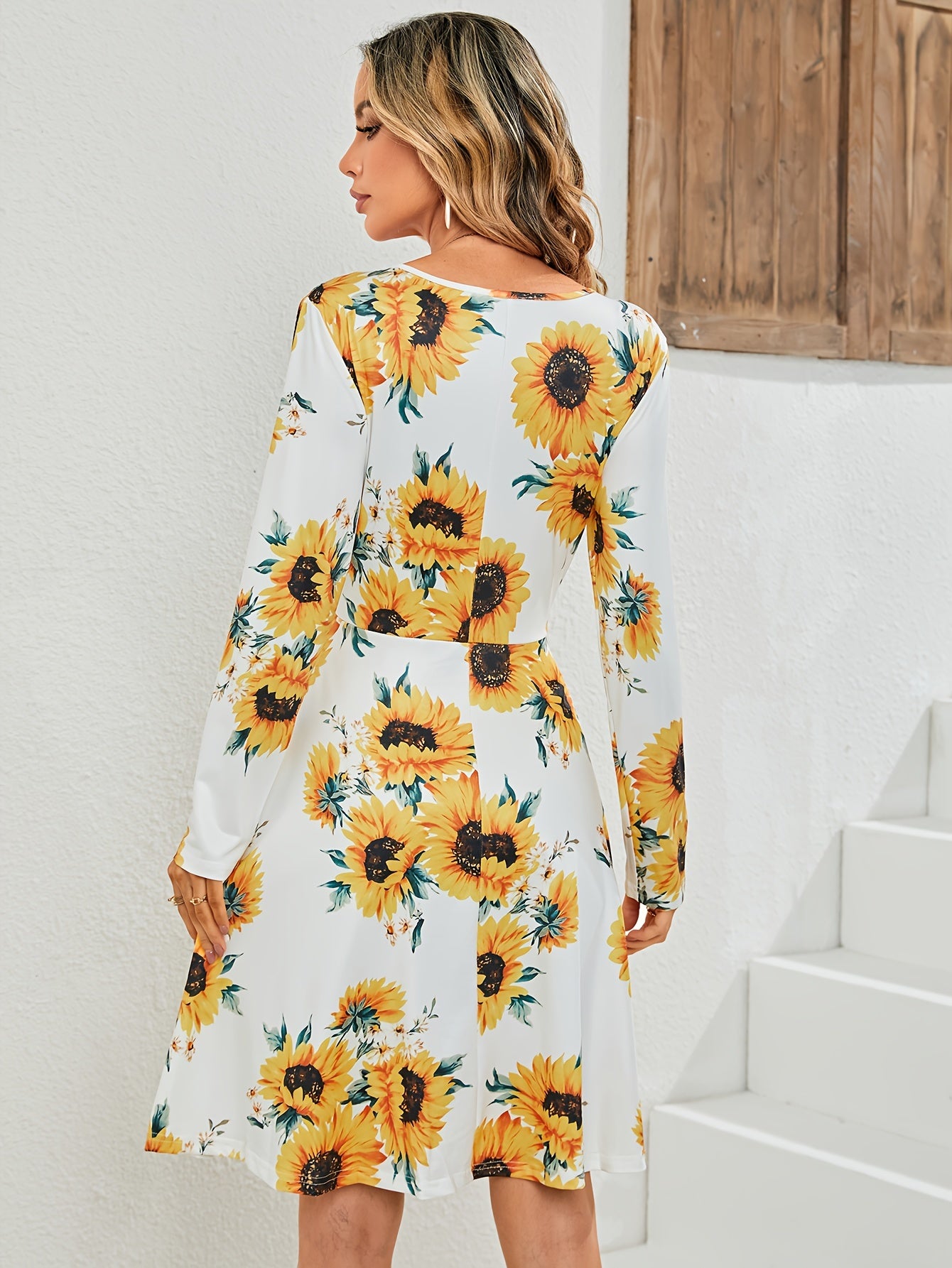 Flower Print V Neck Dress Long Sleeve Spring & Fall Women's Clothing