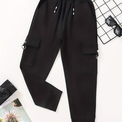 Boys Casual Solid Cargo Pants Elastic Waist Jogger Pants