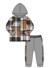 Boys Plaid Button Front Hooded Shirt Sweatpants Set