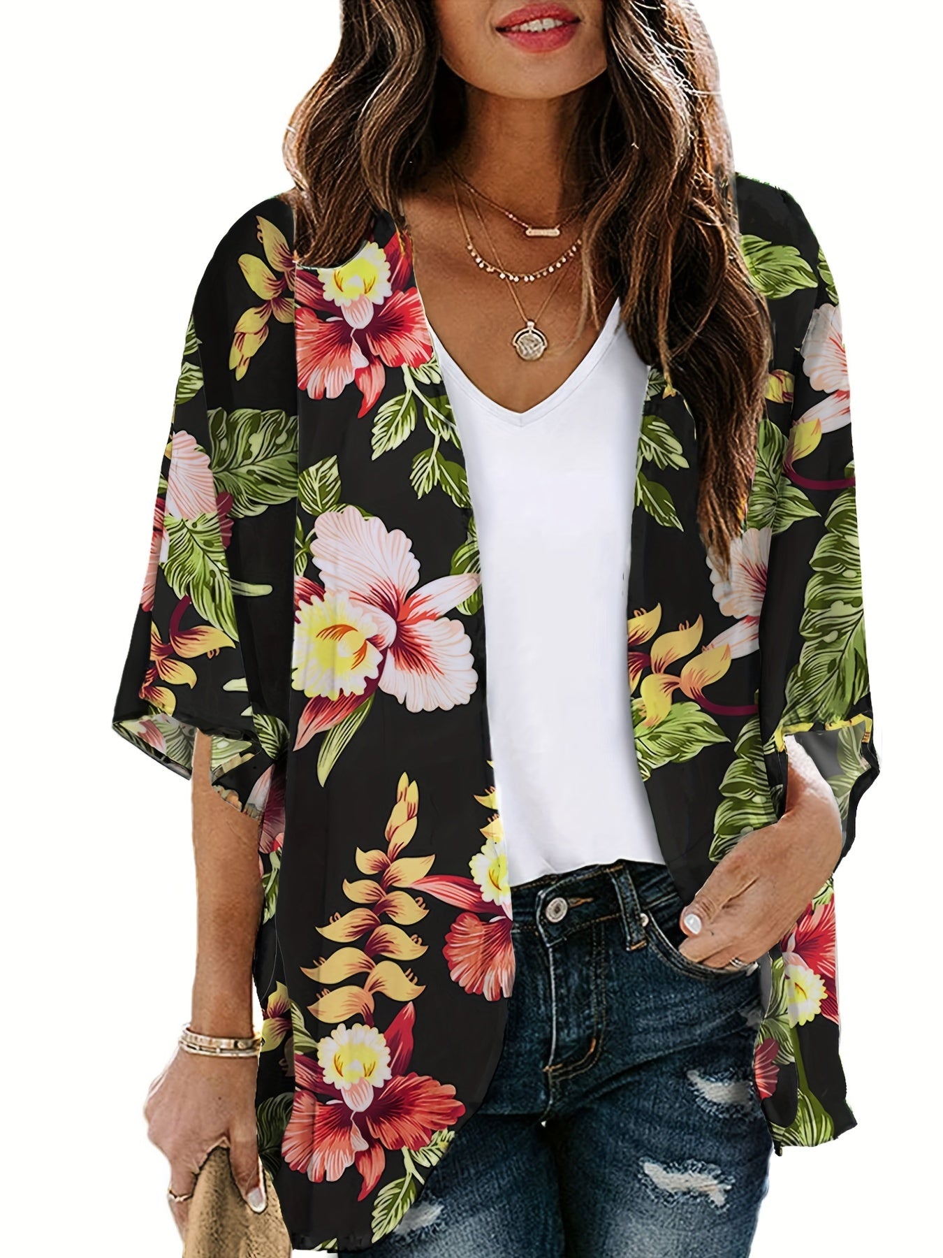 Tropical Print Cover Up Shirt V Neck Loose Fit Beachwear Women's Swimwear